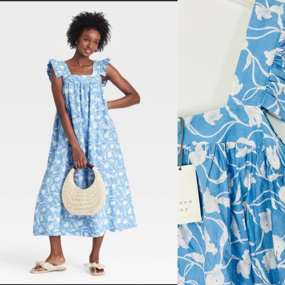 A New Day Women's Dress Medium Maxi Linen Blue Floral Strap Ruffle Sleeve New